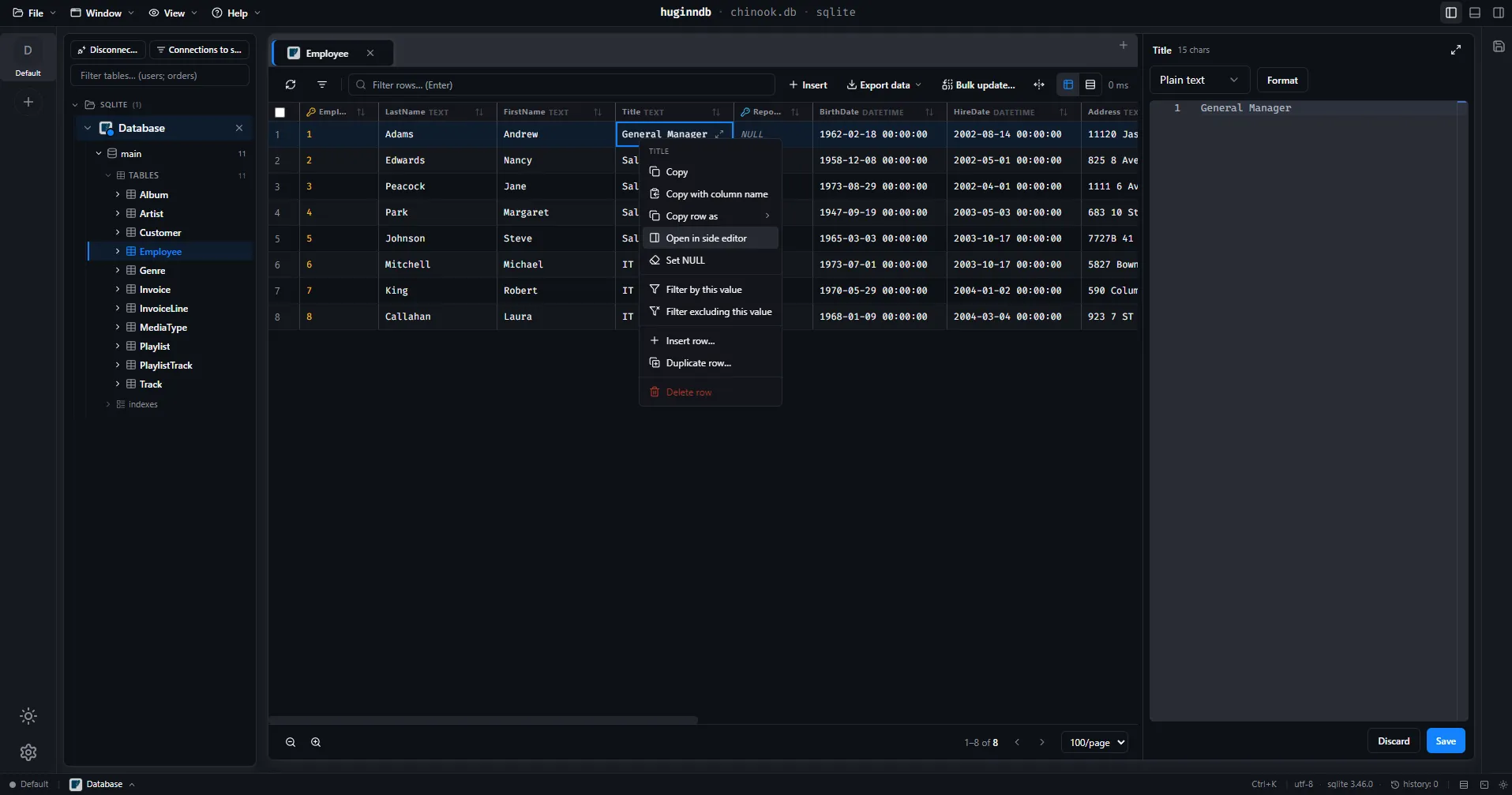 A HuginnDB data grid with the cell context menu open and the side editor showing the selected value