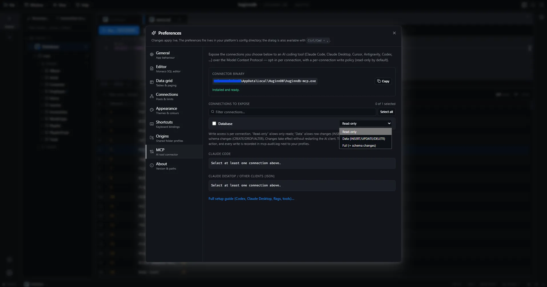 HuginnDB MCP preferences panel showing the connector binary path and a per-connection write policy dropdown open on Read-only, Data and Full